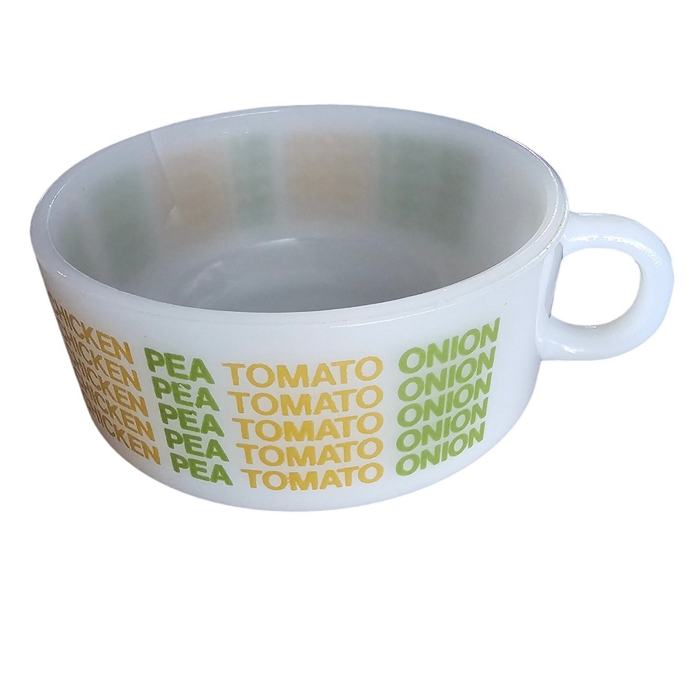 Vintage Glasbake Milk Glass Soup Mug Typography J-2711 Vegetable Chicken Pea